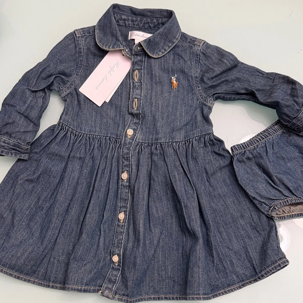 Ralph Lauren Girls Denim Shirt Dress in Blue with Embroidered Pony